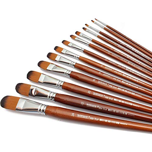 Image of Chrome Long Handle Synthetic Filbert Tip Artist Paint Brushes - 13 Piece Set