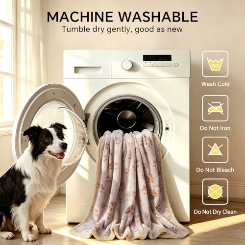Image of Luciphia Waterproof Pet Blankets Whith Paw Print for Couch Sofa Bed Cover, Liquid Pee Proof Soft Fluffy Dog Blanket Washable, Reversible Furniture Protection Puppy Cat, Khaki, Medium(57 inch x 40 inch)