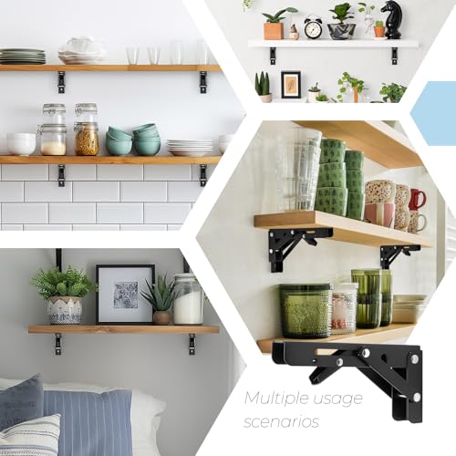 Image of 6 Inch Folding Shelf Brackets, 2 Pack (1 Pairs) Heavy Duty Metal Collapsible Wall-Mounted Brackets, Space-Saving DIY Foldable Shelf for Benches and Tables, Matte Black