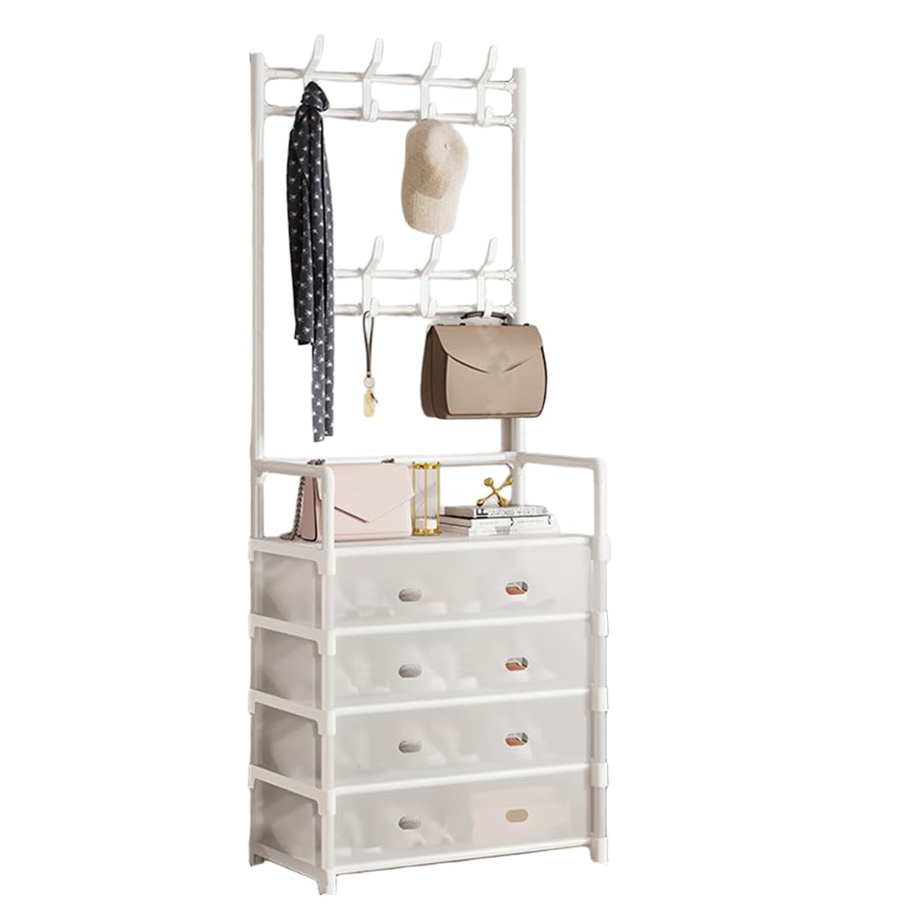 Yinghesheng Industrial Coat Rack Stand with Shoe Rack, 9 Movable Hooks & 4-tier Dustproof Shoe Rack, Coat Stand Hallway Storage Unit,White,57D x 35W x 168H cm