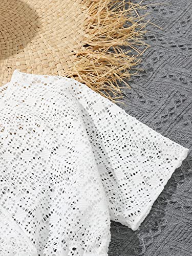 Cozyease Girls' Hollow Out Surplice V Neck Bikini Cover Up Solid Short Sleeve Plain Swimsuit Cover Up White 10Y #TOP2