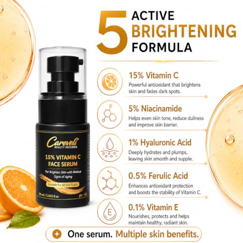 Image of 15% Vitamin C Face Serum with 5% Niacinamide, 1% Hyaluronic Acid, 0.5% Ferulic Acid & 0.1% Vitamin E | Face Serum for Glowing Skin, Dark Spots Appearance, Uneven Skin Tone & Hydration | Lightweight & Non-Sticky (30 ml)