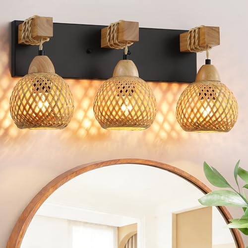 LmnLvn Farmhouse Bathroom Light Fixture, 3-Light Boho Vanity Light, Bamboo Bathroom Light Fixture Over Mirror Rustic Vanity Lighting with Handmade Bamboo Shades, Suit for Restroom, Bedroom, Hallway by LmnLvn - Used condition - US$59.13