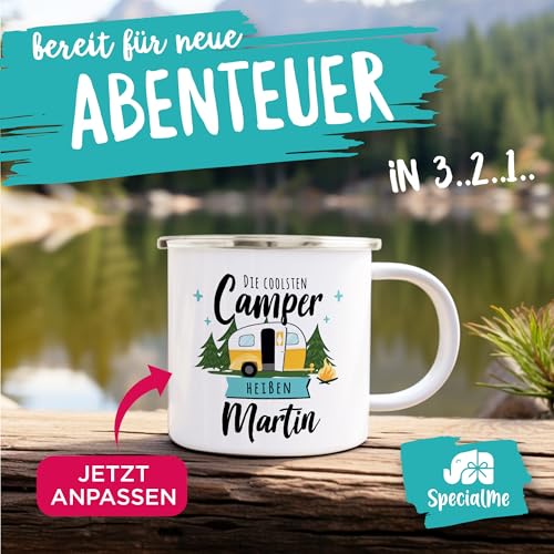 SpecialMe® Emaille-Tasse Camping Wohnmobil personalisiert mit Namen persönliche Geschenke für Camper Weiss-metall Emailletasse – Ansicht 4