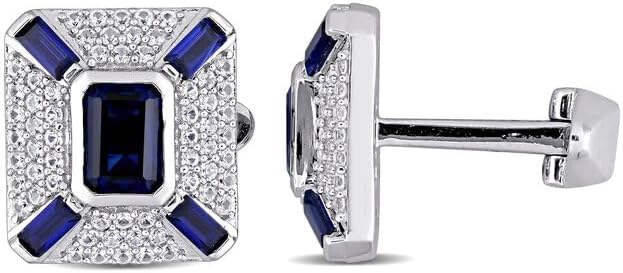 DJ || 3.50Ct Emerald Cut Lab Created Sapphire & Diamond Stud Cufflinks For Men's For Any Occassion 925 Sterling Silver Elegance Adorn with a Blue Sparkle