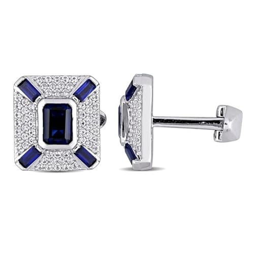 DJ || 3.50Ct Emerald Cut Lab Created Sapphire & Diamond Stud Cufflinks For Men's For Any Occassion 925 Sterling Silver Elegance Adorn with a Blue Sparkle