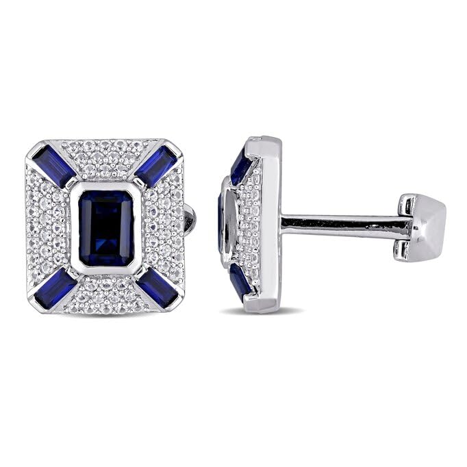 DJ || 3.50Ct Emerald Cut Lab Created Sapphire & Diamond Stud Cufflinks For Men's For Any Occassion 925 Sterling Silver Elegance Adorn with a Blue Sparkle