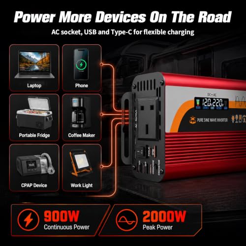 Inversor de onda pura 12V/24V a 240V 2000W con puertos USB y C 3