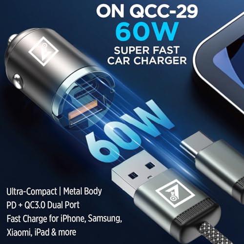Image of ONE 7 60W Dual Port Car Charger | Super Fast Charging Mini Metal Charger Adapter | USB + Type-C Output | Compact All-Metal Build | Compatible with Phones, Tablets & GPS Devices - Black (ON QCC-29)