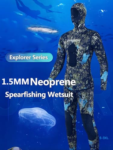 1.5MM Neoprene Spearfishing Wetsuit with Hooded, 2 Pieces Camouflage Hunting Diving Suit for Cool Water Freediving Snorkeling,XL - Thumbnail 3