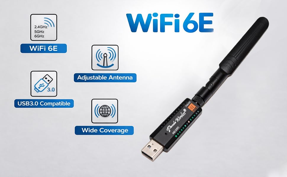 Image of Panda Wireless PAU0G AXE3000 Tri Band (2.4 /5 / 6 GHz) WiFi 6E USB 3.0 Adapter - Windows 10 /11, Zorin, MX Linux, EndeavourOS, Mint, Ubuntu, Manjaro, openSUSE, Fedora, Rocky, Kali and Raspbian