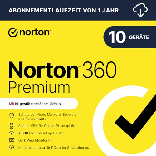 Norton 360 Premium 2024 | 10 Geräte | Antivirus | Secure VPN | Passwort-Manager | 1-Jahres-Abonnement | PC/Mac/Android/iOS | Aktivierungscode per Email