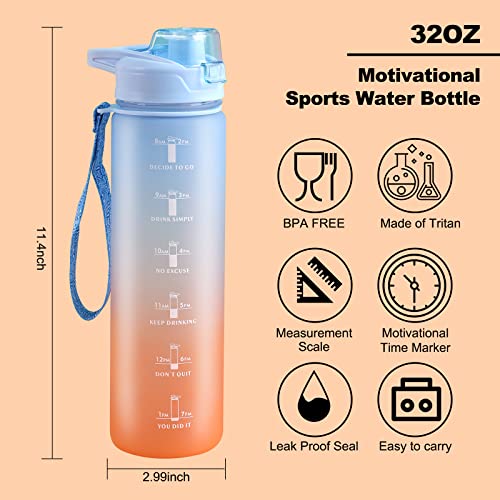 Puoenfgr Sports Water Bottle With Straw,32Oz,With Both Time Marker And Water Volume Marker,Leak Proof Thickened,Bpa-Free,Adults And Kids Love It,Apply To Gym,Outdoor,Travel(Blue-Pink Gradient) #TOP3