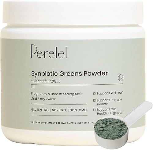 Perelel Synbiotic Greens - Mezcla de superalimentos con frutas, verduras, probióticos, fibra, espirulina y clorella, suplemento de verduras diarias,