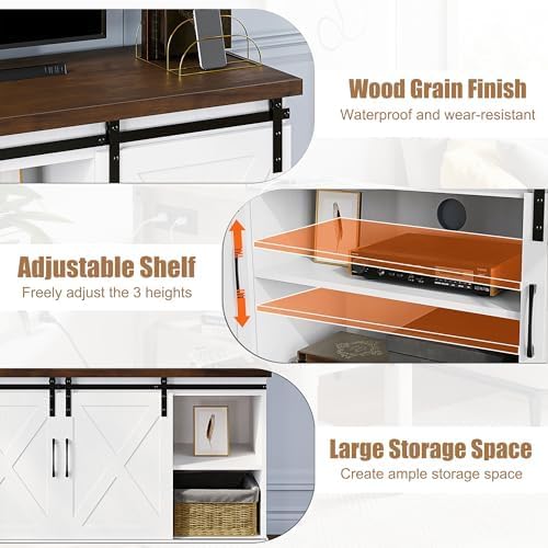 Xehetasuna view of the TV stand showing adjustable shelves, cable management, and wood grain finish.