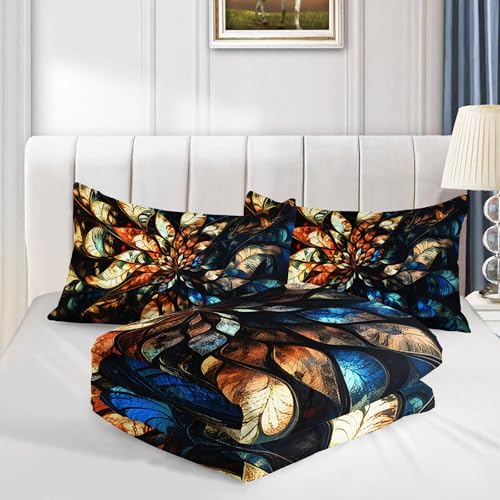 Image of AILONEN Luxury Floral Bedding Set Full Size for Girls Women,Blue and Gold Mandala Comforter with 2 Pillowcases,3-Piece Abstract Art Quilt Set for Bedroom Decor