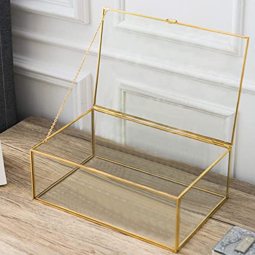 Smart Wyche 10.8" Glass Box Keepsake Box With Hinged Lid For Women And Girls, Suitable For Storage Jewelry, Trinkets, Flowers And More, Vintage Brass Frame (Large) #TOP4