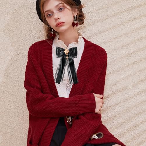 Image of Lace Ribbon Bow Tie Brooch Rhinestone Pearl Necktie for Girl Women Fashion jabot collar brooch pins Pre-Tied Corsage