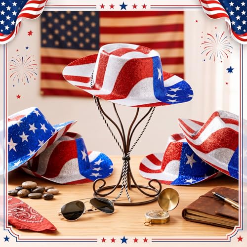 Image of Shyyween 12 /24 Pcs American Flag Plastic Hats Patriotic 4th of July Cowboy Hats White Blue Red Caps for Independence Day
