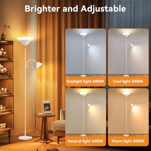 Image of SIBRILLE 2-in-1 Torchiere Floor Lamp, 34W Super Bright LED Standing Lamp with Remote & Touch Control, 72 inch Dimmable Adjustable Corner Reading Lamp for Living Room, Bedroom, Office, White