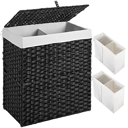 Greenstell Laundry Hamper With Lid, No Install Needed, 110L Wicker Laundry Baskets Foldable 2 Removable Liner Bags, 2 Section Clothes Hamper Handwoven Synthetic Rattan Laundry Basket With Handles, Black 22.2X13.3X24.0 Inches #TOP9
