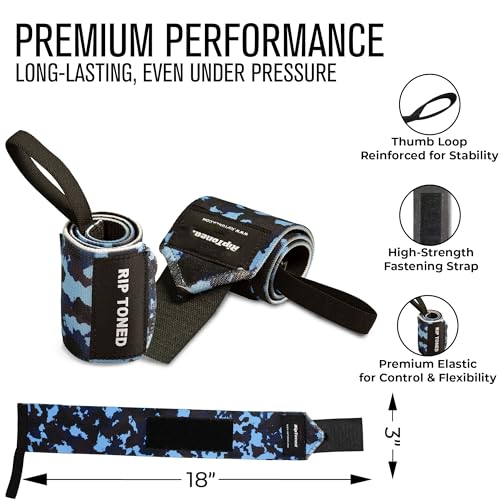 Rip Toned Wrist Wraps for Weightlifting – USPA & USAPL Approved 18" Wrist Straps for Powerlifting – Adjustable, Durable Gym Wraps with Thumb Loop – Quality Support for Men & Women – Blue Camo Flex