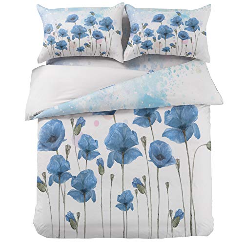 4 Piece Full Watercolor Blue Poppy Flower Breathable Comforter Covers Ultra Soft Bed Sheet With Decoretive 2 Pillow Shams Bedding Collection Sets Gradient Color Polka Dots #TOP2