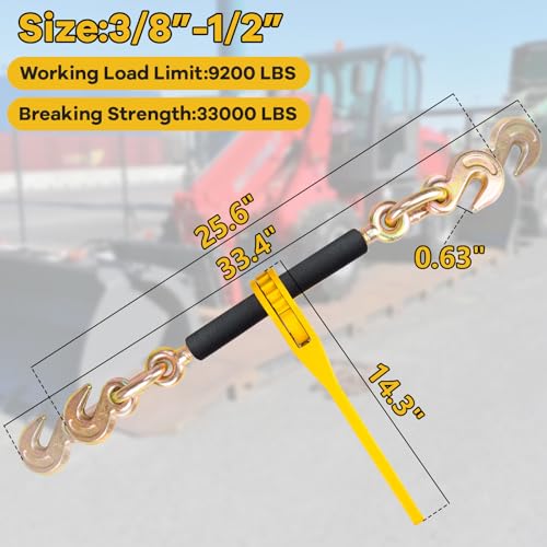 Image of 3 /8''-1 /2'' Chain Binders Kit, 4 Pack G80 Ratchet Load Binder 3 /8 to 1 /2 with G80 Transport Chain 3 /8 Inch x 10 Feet, G80 Clevis Grab Hook, 9 200lbs Working Load Tie Down Kit for Towing