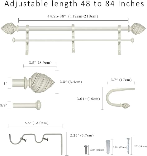 Miniatura 3 de Barra de cortina doble de 1 pulgada con remates Valois y retenes, blanco envejecido, 48-84 pulgadas