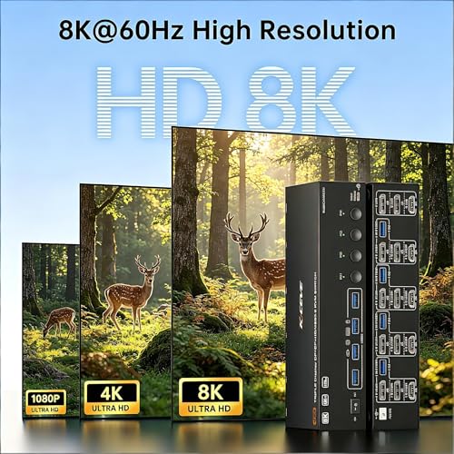 Image of 8K KVM Switch 3 Monitors 4 Computers HDMI+2DP 4USB3.0 for USB Gear | USB3.0 KVM 4 PC Share Triple Monitors, Supports Extended & Copy Mode, Ideal for Home, Office & Programmers