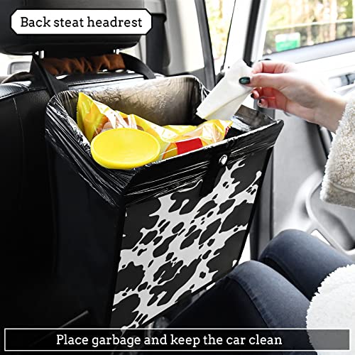 Image of Black White Cow Car Trash Can Foldable Hanging Animal Skin Print Car Trash Bag Bin Auto Garbage Can Leak-Proof Car Organizer(Large)