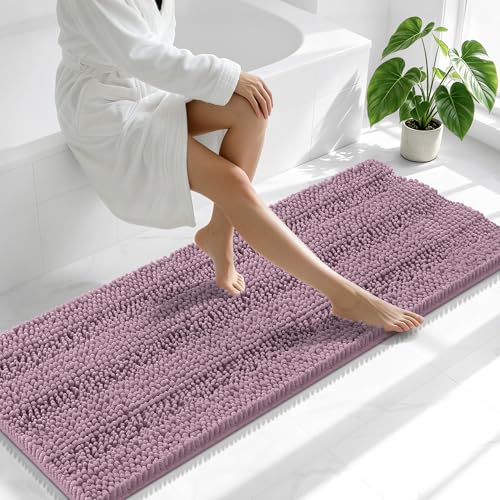 Image of Smiry Thick Chenille Bathroom Runner Rugs 59x20, Absorbent Striped Bath Mat, Machine Washable, Rubber Backing, Extra Long Bath Rugs for Tub & Shower, Modern Home Decor Accessories, Deep Plum