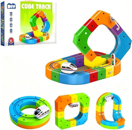 Image of ADKD DIY Cube Track Magic Rail Train Set, 51 Pcs,Educational Building Track Toy for Kids Multicolour, for Ages 3+, Loop,Multi-Layer Tracks (51 Pcs Block Set)