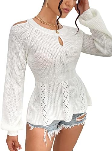 SOLY HUX Women's Casual Bishop Long Sleeve Cut Out Peplum Sweater Knitted Pullover Tops Pure White M
