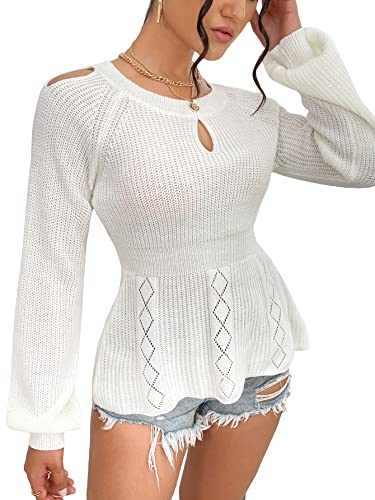 Soly Hux Women's Casual Bishop Long Sleeve Cut Out Peplum Sweater Knitted Pullover Tops Pure White M #TOP9