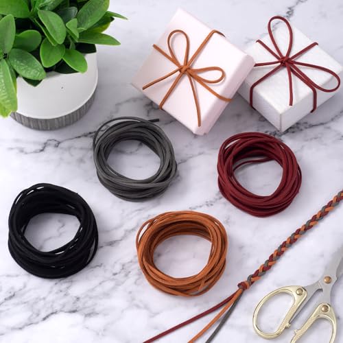 Pndeyo 4pcs Suede Leather Cord, 3mm x 5.5 Yard Faux Leather String Strips, Flat Leather Crafting Rope Thread for DIY Shoes Laces Bracelets Necklaces Earrings Beading Jewelry Hair Accessories