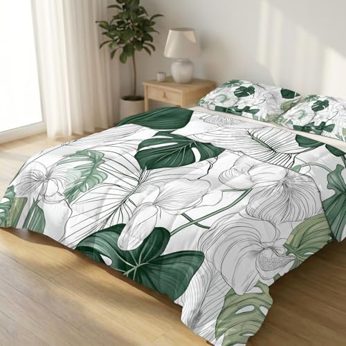 Edredón de verano con hojas botánicas, edredón ligero de 260 x 220 cm, edredón Monstera suave para todas las estaciones, edredón hipoalergénico y transpirable para pieles sensibles, regalo para