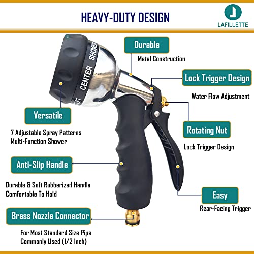 LAFILLETTE Garden Hose Nozzle, Hand Sprayer, Superior Metal Water Spray 7 Adjustable Watering Patterns Best for Lawns,Plants & Shrubs, Cleaning, and Watering Plants And Car Washing Sprinkler Water Gun