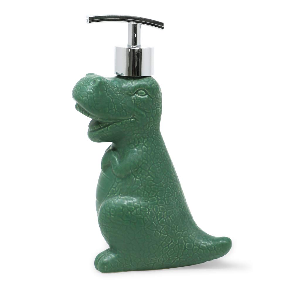 Isaac Jacobs Green Ceramic Dinosaur, Liquid Soap Pump/Lotion Dispenser with Chrome Metal Pump (Holds Up to 12 Oz.) – Great for Bathroom, Kitchen Countertop, Bath Accessory (Green)