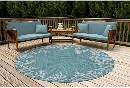 Liora Manne CAPRI Indoor/Outdoor Handmade Synthetic Blend Durable Area Rug - Traditional Border Coastal Beach Accent (Coral Border Aqua) (8' Round)