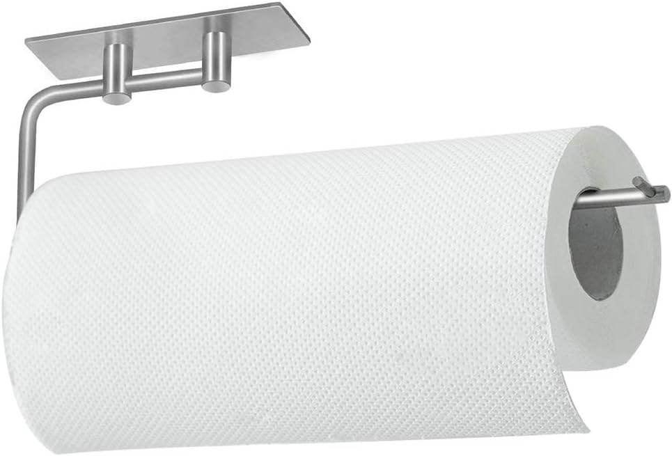 Paper Towel Holder Wall Mount - 3M Adhesive Paper Towel Rack Dispenser Under Cabinet, No Drilling and Screws for Easy Install, Great for Kitchen, Bathroom (11.8" x 3.3") (Silver)