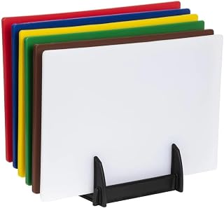 Hygiplas LDPE 6x farbcodierte Schneidebretter Set mit Ablage und Wandtafel - Weiß, Grün, Rot, Gelb, Braun, Blau Bretter 455x305x10 mm, Nicht porös Verhindert Geschmacks- / Geruchsaufnahme, J258