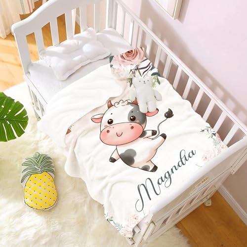 Image of Cute Cow Throw Blankets with Name, Personalized Cow Gifts for Boys Baby, Soft Flannel Animal Blankets,40 inchx50 inch for Kids