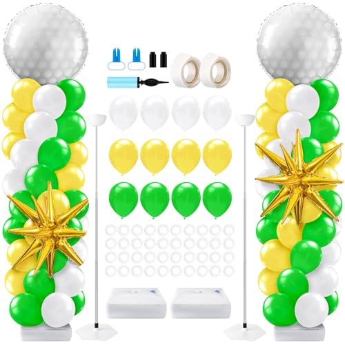 Kasyat 2 Sets Golf Balloon Column Stand Kit with Golf Ball Foil Balloon Yellow Green White Arch Garland Kit for Hole in One Sport Birthday Party Decorations