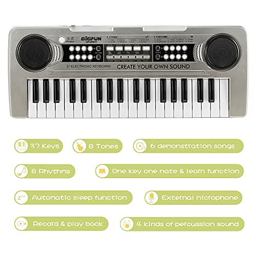 Raimy Kids Keyboard Piano, 37 Keys Portable Piano Early Learning Educational Electronic Music Keyboard Instrument Toys for 3 4 5 6 7 8 Year Old Boys and Girls (Silver)