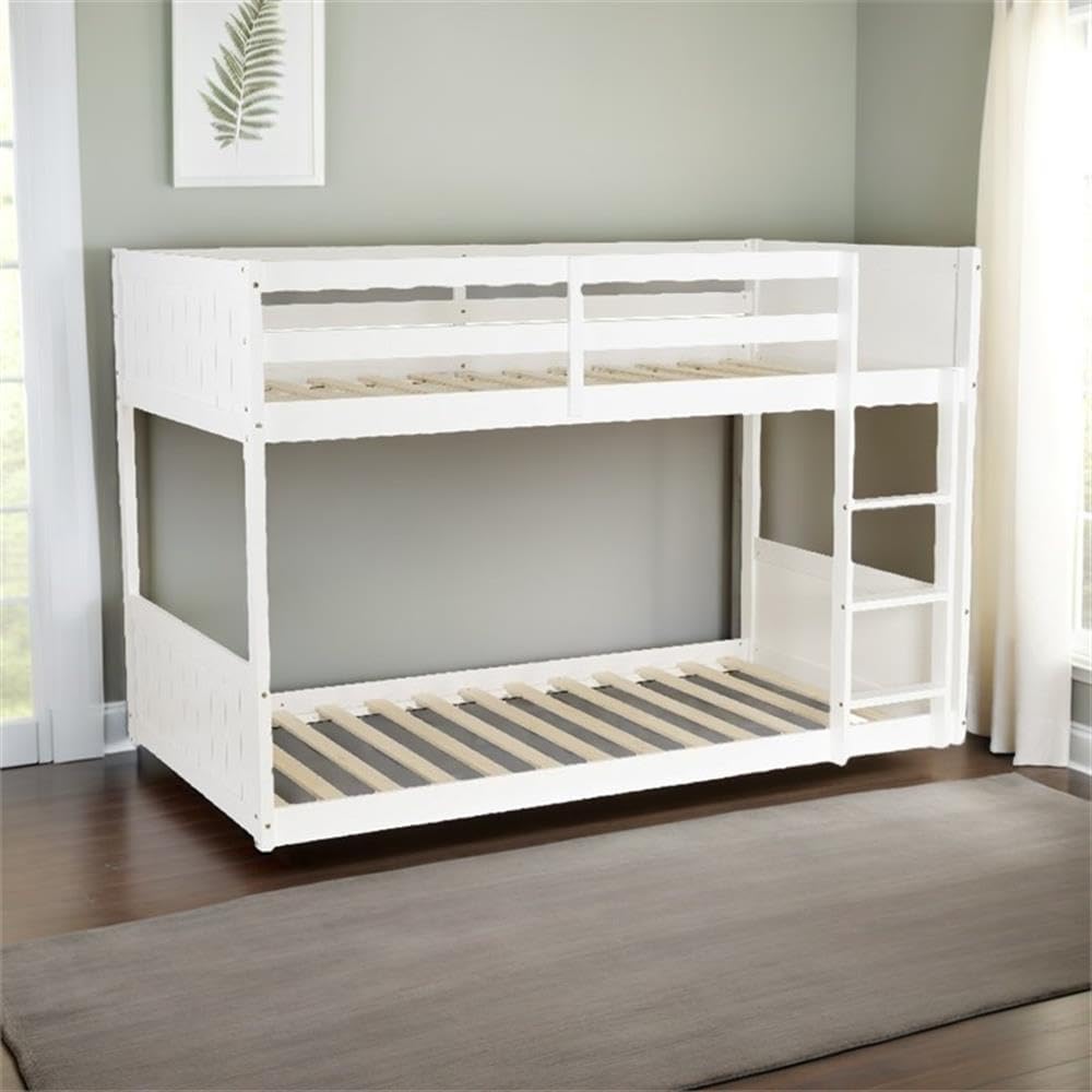 Bowery Hill Solid Rubberwood Twin Bunk Bed, White Low Profile Design, MDF and Poplar Construction, 77.33"L x 42.25"D x 51.5"H, Space-Saving Kids or Guest Bedroom Furniture with 290 lb Weight Capacity