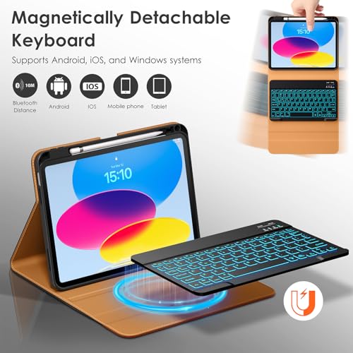 Image of DTTO for iPad 11th (A16) / 10th Generation Case with Keyboard (2025 /2022), 7 Colors Backlit Wireless Detachable Keyboard Leather Folio Cover with Pencil Holder & Pocket, Black Brown