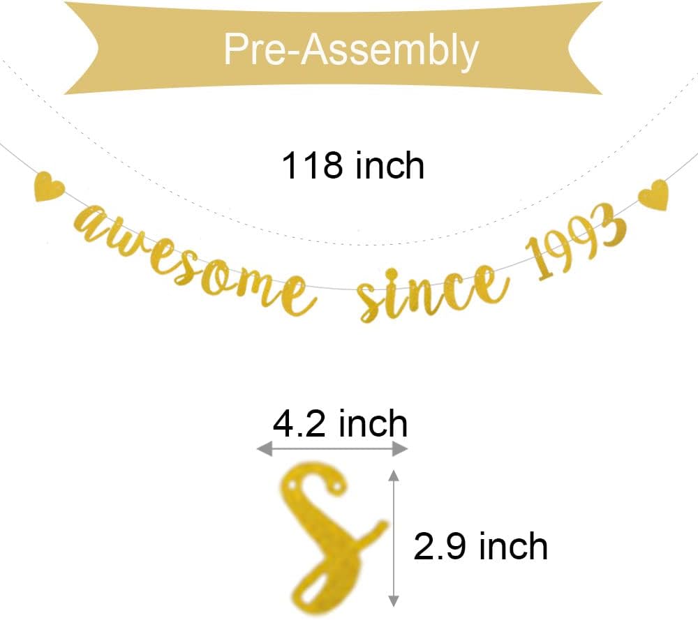 XIAOLUOLY Gold Glitter Garlands Awesome Since 1993 Banner for 33rd Birthday Party Decorations Supplies,Pre-Strung, Glitter Gold Paper Garlands Photo Props Bunting Sign,Awesome Since 1993 - Image 2