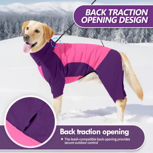 Image of BRKURLEG Full Body Dog Winter Coat Warm Fleece Pullover Pajamas, Four Legs Covered Windproof Dog Jacket for Small to Large Dogs, Turtleneck Dogs Snowsuit, Pet Cold Weather Clothes, Pink Purple XL