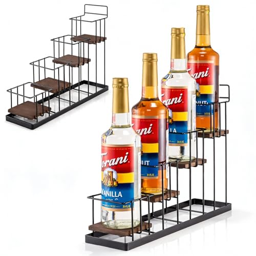 Coffee Syrup Rack Organizer, with Rustic Wood Holder Coffee Station Bar Accessory for Syrup, Wine...